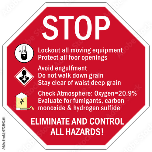 Grain silo hazard sign and labels eliminate and control all hazard, grain silo safety instruction