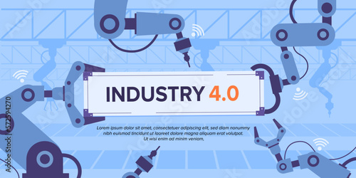 Industry 4.0 banner with robotic arm smart industrial revolution