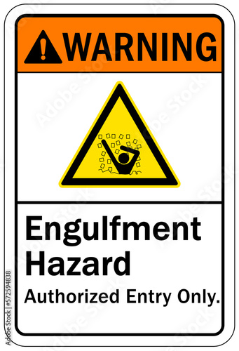Grain silo hazard sign and labels engulfment hazard, authorized entry only