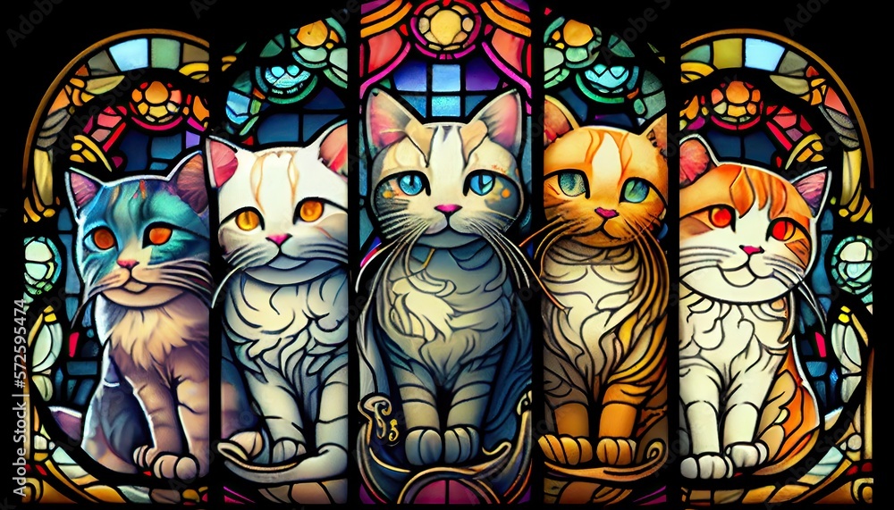 Obraz premium Cats on stained glass window, colorful illustration, pattern background - generative ai