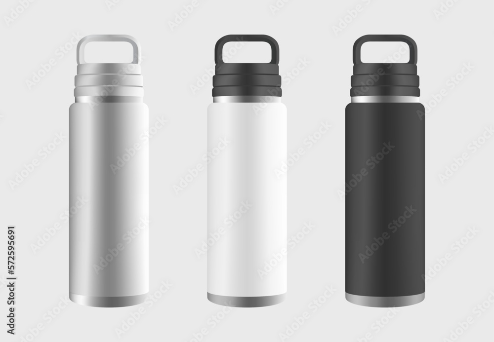 Black White Steel Water Bottle Vector Mockup Set Black White Steel Water Bottle Vector Mockup Set