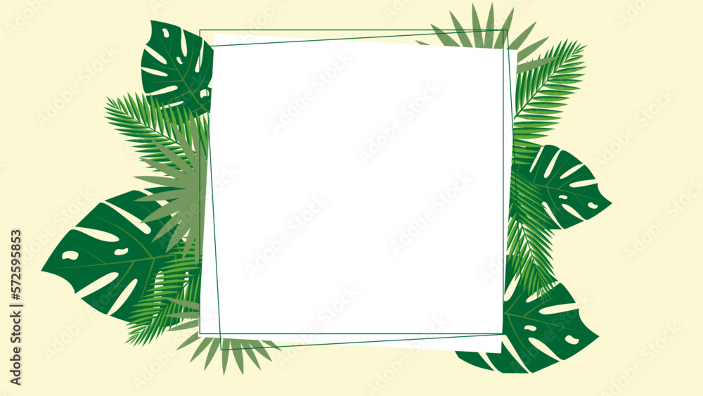 Fototapeta premium Frame, template for text with tropical leaves. Summer background. Vector illustration