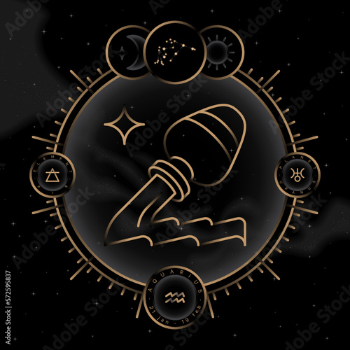 AQUARIUS zodiac horoscope astrology label with element, planet icon glyph. Thin line sign symbol art design vector illustration