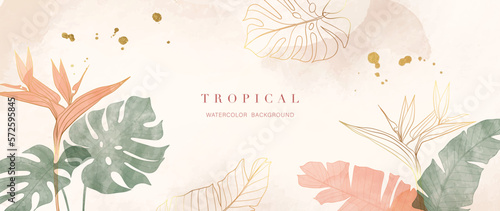 Tropical foliage watercolor background vector. Summer botanical design with gold line art, monstera, palm, exotic plants. Luxury tropical jungle illustration for banner, poster, web and wallpaper.