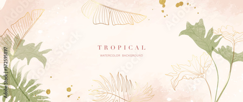 Tropical foliage watercolor background vector. Summer botanical design with gold line art, monstera, palm, watercolor texture. Luxury tropical jungle illustration for banner, poster and wallpaper.