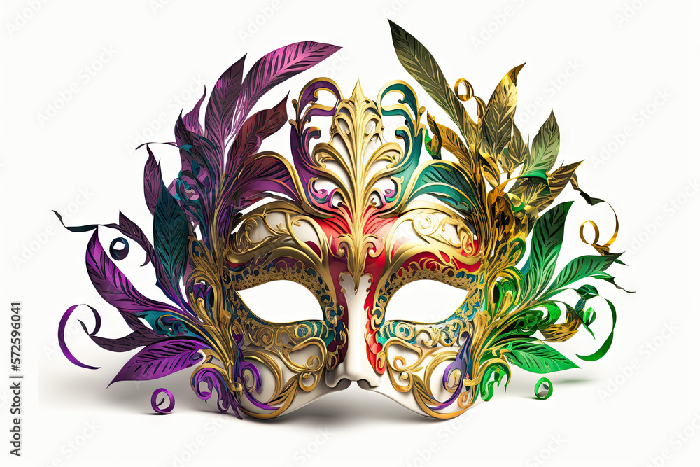 Mardi Gras mask illustration with colorful feathers with gold filigree