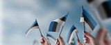 A group of people holding small flags of the Estonia in their hands