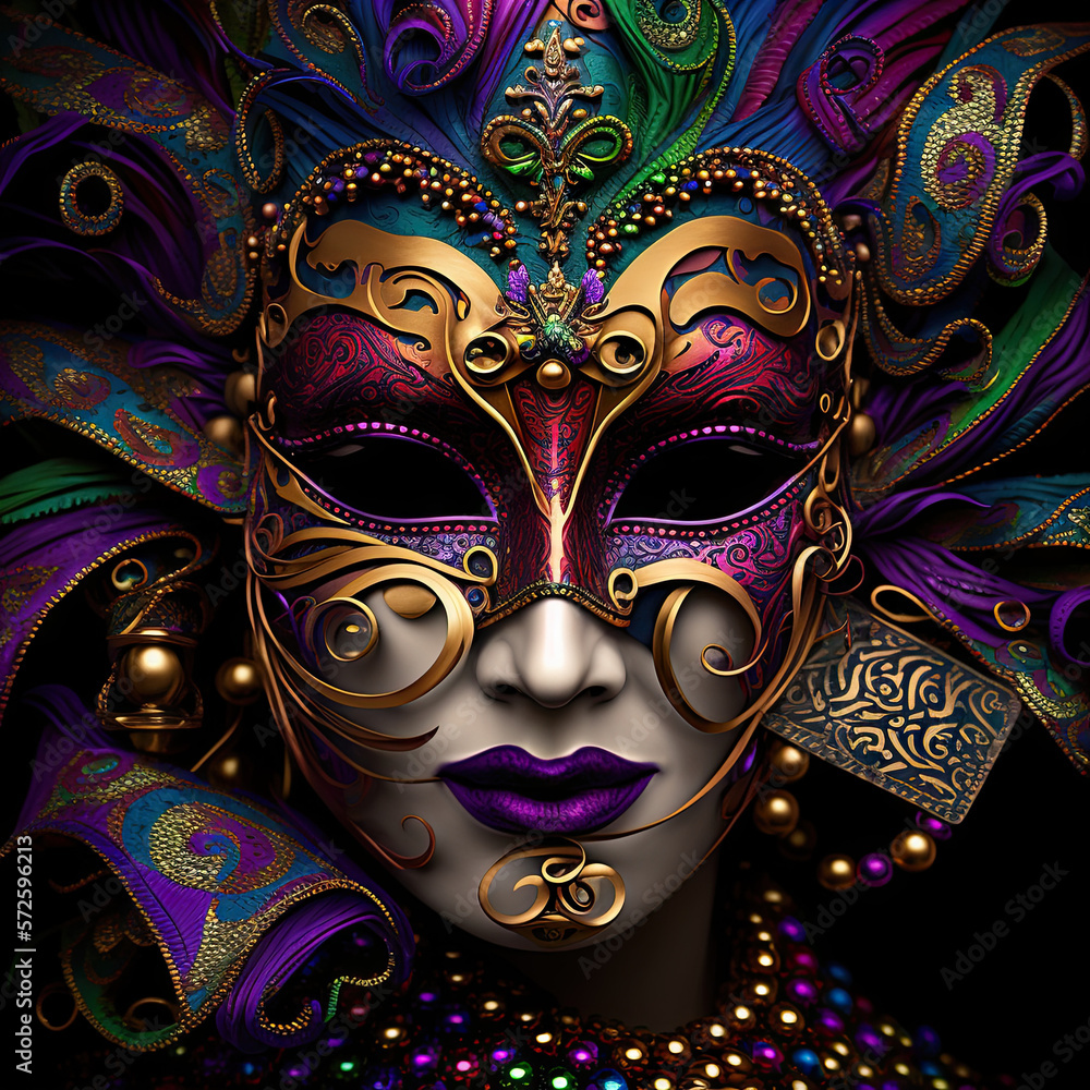 Illustration of a woman wearing Mardi Gras mask with gold filigree and beads