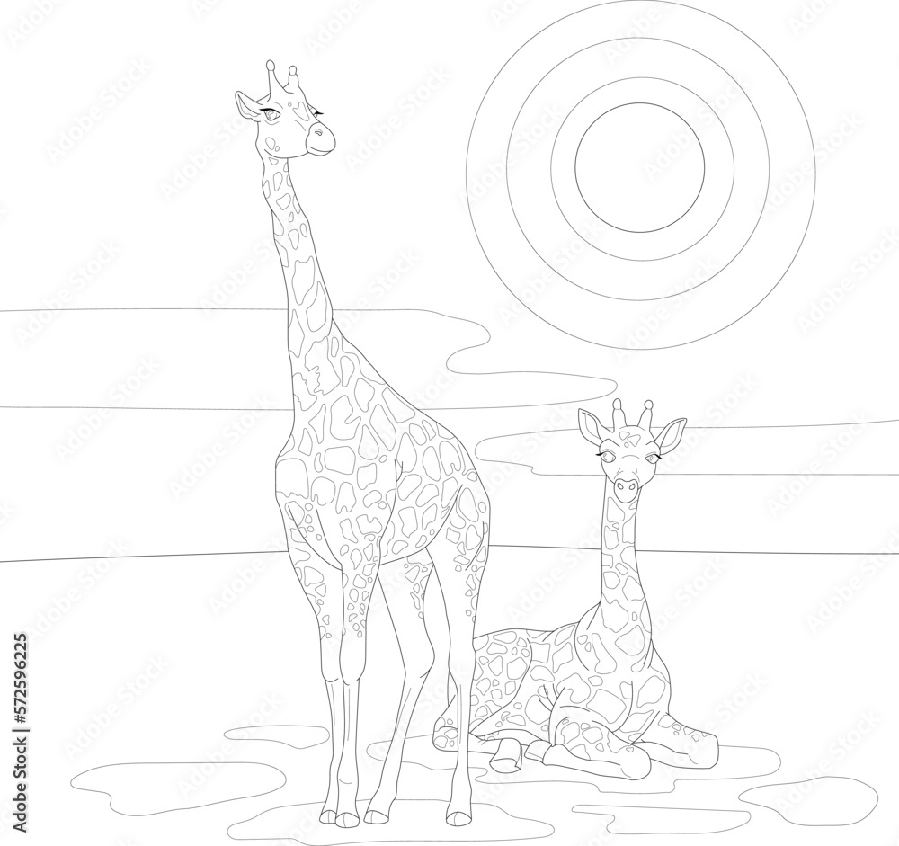 Realistic giraffes in african savannah graphic sketch template. Cartoon vector illustration for children in black and white for games, background, pattern, decor. Coloring paper, page, childrens book