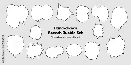 Set of simple, hand-drawn speech bubbles or balloons, including dialogue, comic text, and word balloons. Vector illustrations.