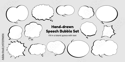 Set of simple, hand-drawn speech bubbles or balloons, including dialogue, comic text, and word balloons. Vector illustrations.