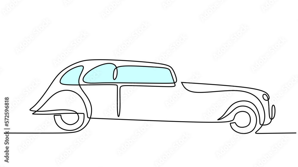 One line drawing of vintage car isolated on white background. Continuous single line minimalism.
