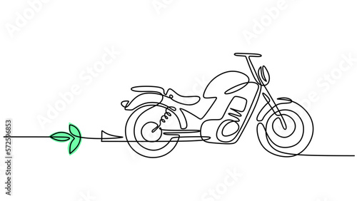One line drawing of electric motorcycle isolated on white background. Continuous single line minimalism.