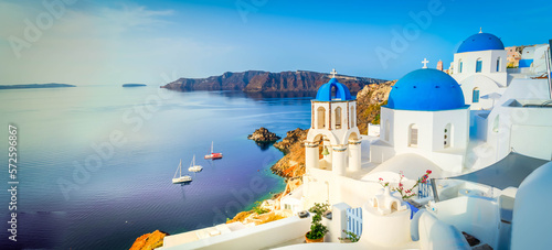 Obraz na plátne white belfries Santorini island, Greece