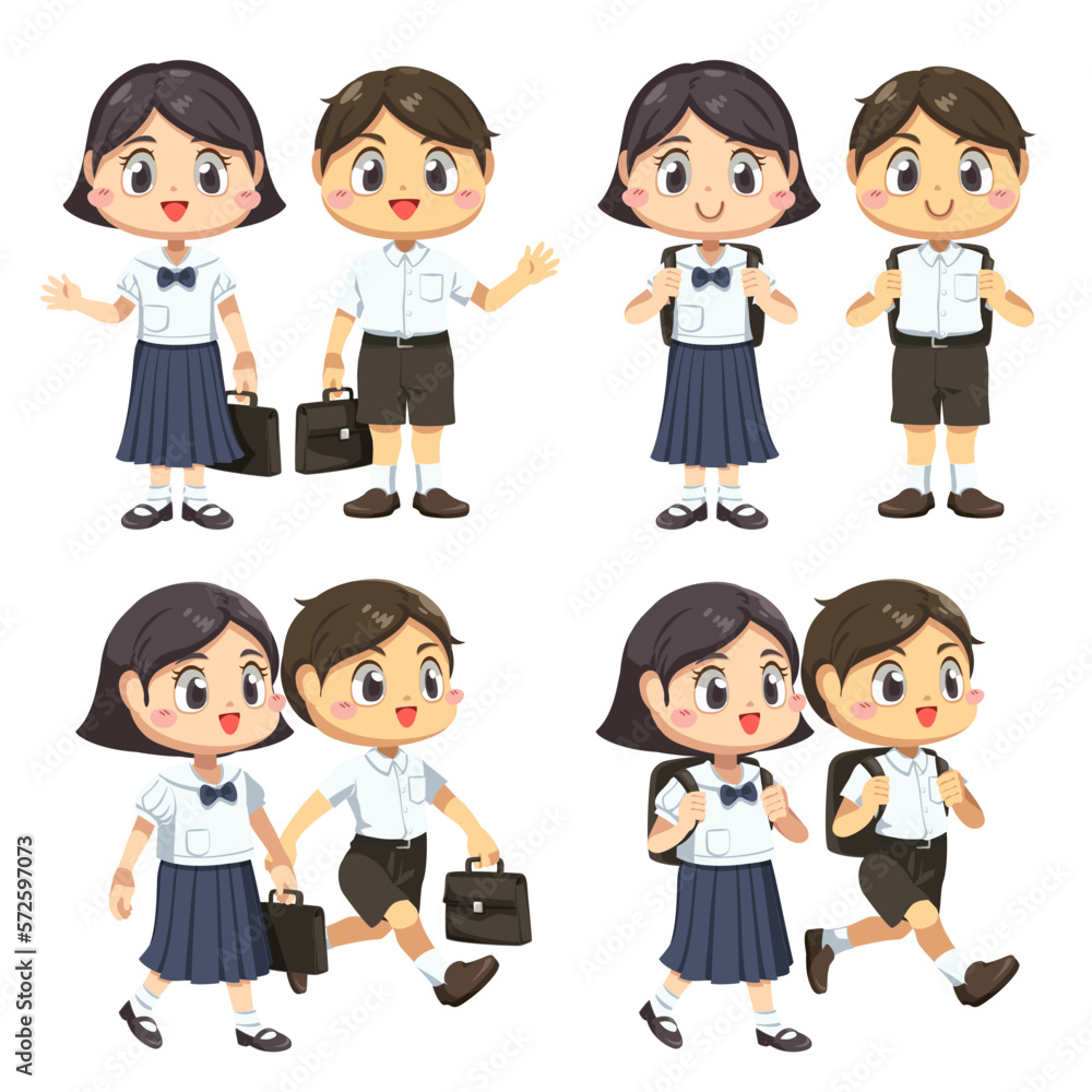 Set of kids in student uniform and bag go to school Set of kids in student uniform and bag go to school