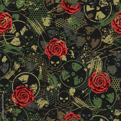 Seamless grunge camouflage pattern with ionizing radiation symbol, paint brush strokes, skull, red roses. Concept of fragility of life, destruction. Good for apparel, fabric, textile, sport goods