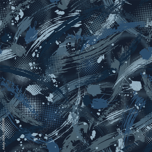 Seamless blue camouflage pattern with grunge paint brush strokes, blots, halftone. Dense random chaotic composition. Good for apparel, fabric, textile, sport goods. Grunge texture for surface design