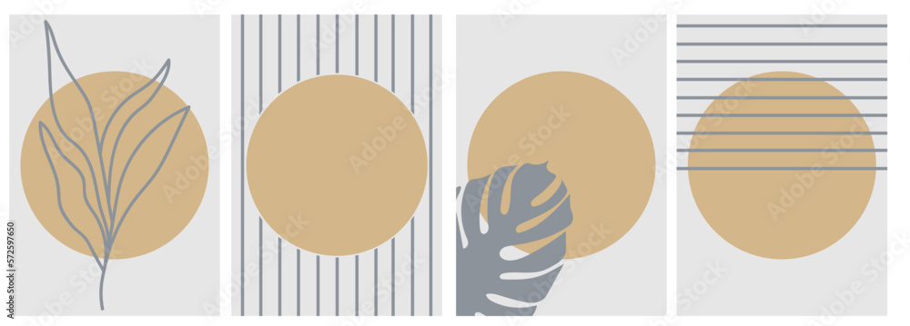 Collection of modern simple minimalistic boho style abstracts with yellow geometric shapes (circles) and black stripes in pastel colors with silhouettes of plants (monstera) on the background