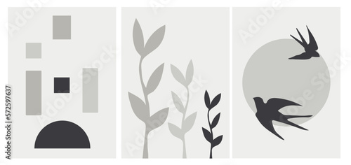 Collection of modern simple minimalistic abstractions in boho style with geometric shapes (squares) in bed gray shades with silhouettes of plants and swallows with sun on a colored background