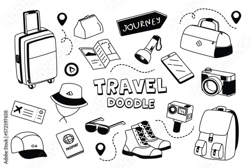 Travel items in Doodle styles. Black and white hand drawing of travel.