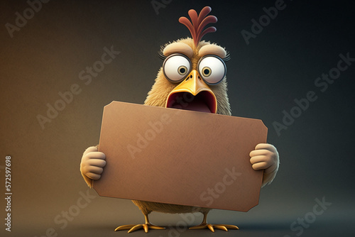 a cartoon chicken holding a blank signboard created by generative AI