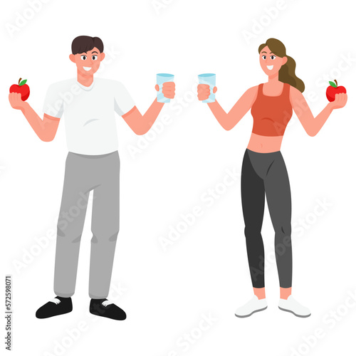 Healthy young people set flat vector illustration isolated on white background. Man and Woman in sportswear exercises. Personal trainer, workout class, healthy lifestyle.