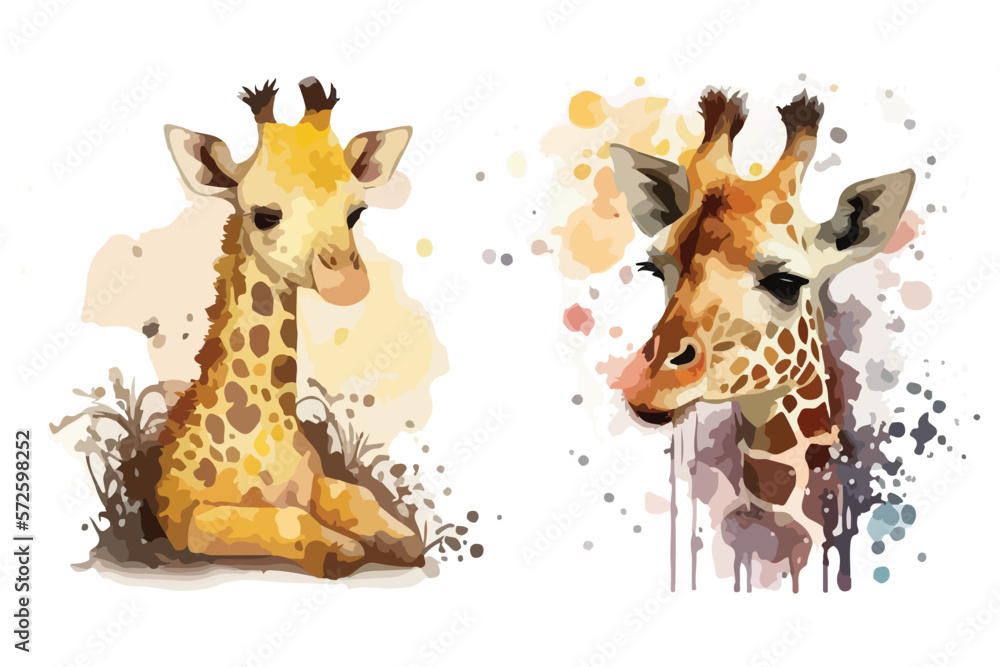 Obraz premium cute doodle giraffe with watercolor illustration