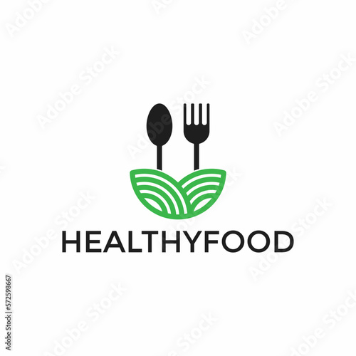 Leaf with Spoon & Fork, Healthy Food, Restaurant Logo Design Template