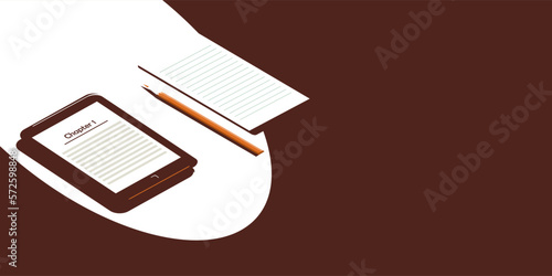 A book or electronic device for reading books on the table. Next to a sheet and a pencil. The concept of learning or reading.