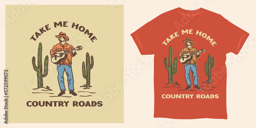Vintage cowboy with guitar illustration cactus desert