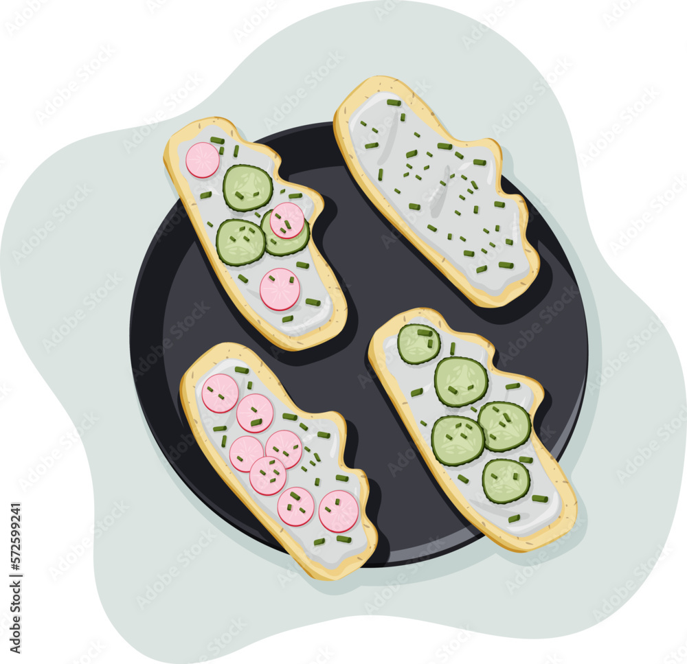 Different healthy vegetarian sandwiches with spring veggies on the plate. Sandwiches with wheat bread, cream cheese, slices of radish, cucumber and spring onion. Top view. Vector flat isolated concept Different healthy vegetarian sandwiches with spring veggies on the plate. Sandwiches with wheat bread, cream cheese, slices of radish, cucumber and spring onion. Top view. Vector flat isolated concept
