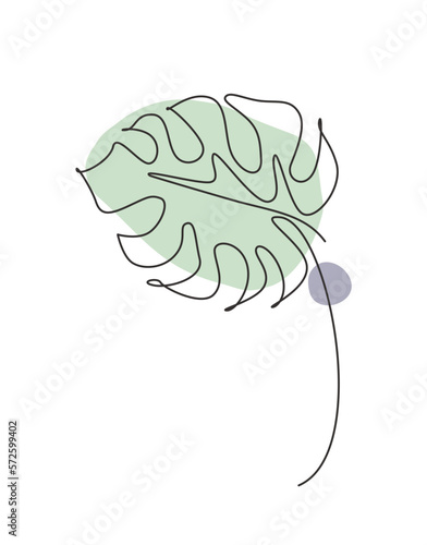 One continuous line drawing tropical monstera leaf. Minimal natural eco concept for spa salon logo. Home wall decor, poster, tote bag, fabric print. Single line draw design graphic vector illustration