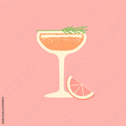 Margarita dessert glass. Cocktail drink glass with rosemary and grapefruit. Citrus drink for event and bar. Flat vector illustration with texture. Minimalist retro drink poster