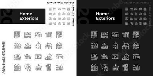 Home exteriors pixel perfect linear icons set for dark, light mode. Real estate agency. Buying property. Detached house. Thin line symbols for night, day theme. Isolated illustrations. Editable stroke
