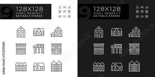 Property purchase pixel perfect linear icons set for dark, light mode. Real estate agency. Apartments. Luxury property. Thin line symbols for night, day theme. Isolated illustrations. Editable stroke