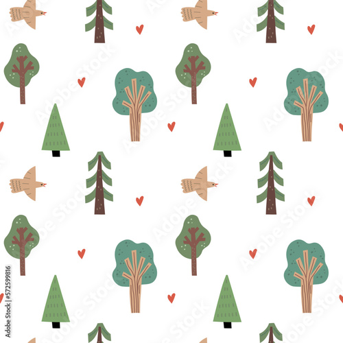 Forest pattern. Cute green trees. Cartoon childish print, scandinavian kids design. Decor textile wrapping paper, nursery wallpaper. Doodle drawing, woodland vector seamless hand drawn background