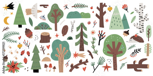 Forest elements set. Cute green trees. Cartoon childish decor, scandinavian kids design. Decor textile wrapping paper, nursery. Doodle drawing, woodland vector hand drawn isolated illustration