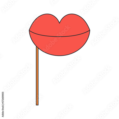 Red vintage lips on wooden stick. Paper props for party. Masks for a photo shoot. Fashion retro hippie style. Vector illustration on white background