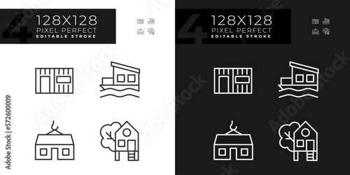 Compact houses pixel perfect linear icons set for dark, light mode. Modular, container homes. Treehouse for recreation. Thin line symbols for night, day theme. Isolated illustrations. Editable stroke