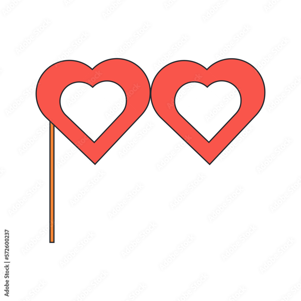 Red heart glasses on wooden stick. Paper props for party. Masks for a photo shoot. Fashion retro hippie style. Vector illustration on white background