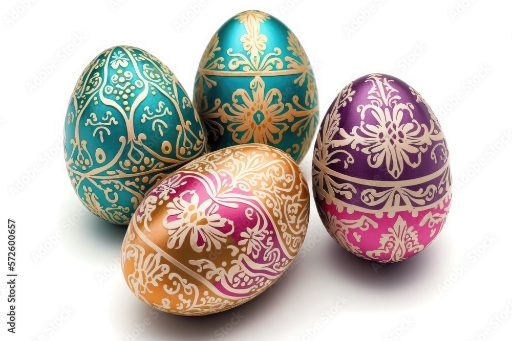 Colorful painted easter eggs on white. Generative AI Colorful painted easter eggs on white. Generative AI