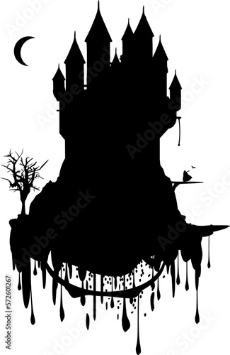 Silhouette eines schwebenden Fantasieschlosses mit einer Magierin