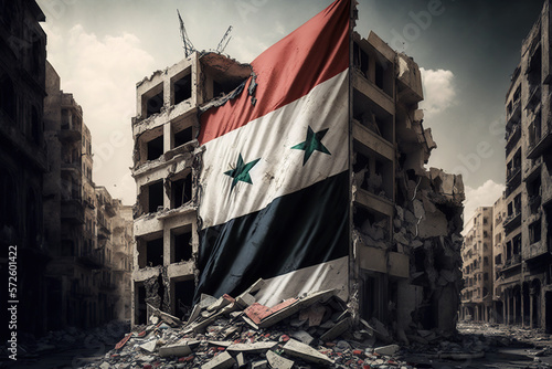 Ruined, destroyed buildings with Syria flag on it, house after earthquake or war AI Generative photo