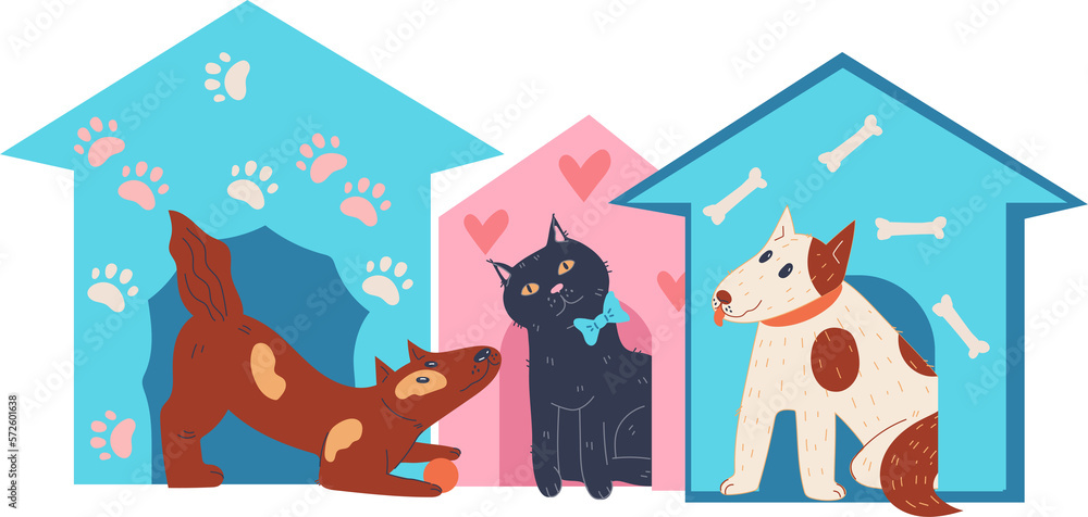 Obraz premium Animal shelter and pet adoption concept with cute cats and dogs sitting in small cage houses.