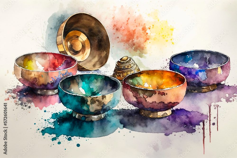 Watercolor Tibetan meditative singing bowls. AI generation	

