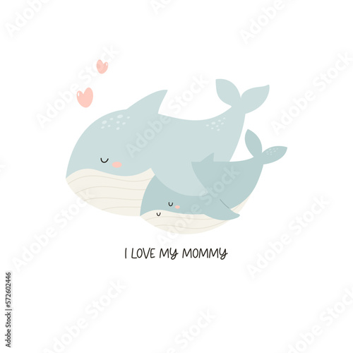 Vector illustration of cute young whale and his mom. Adorable print with animals for kids in a modern flat style.