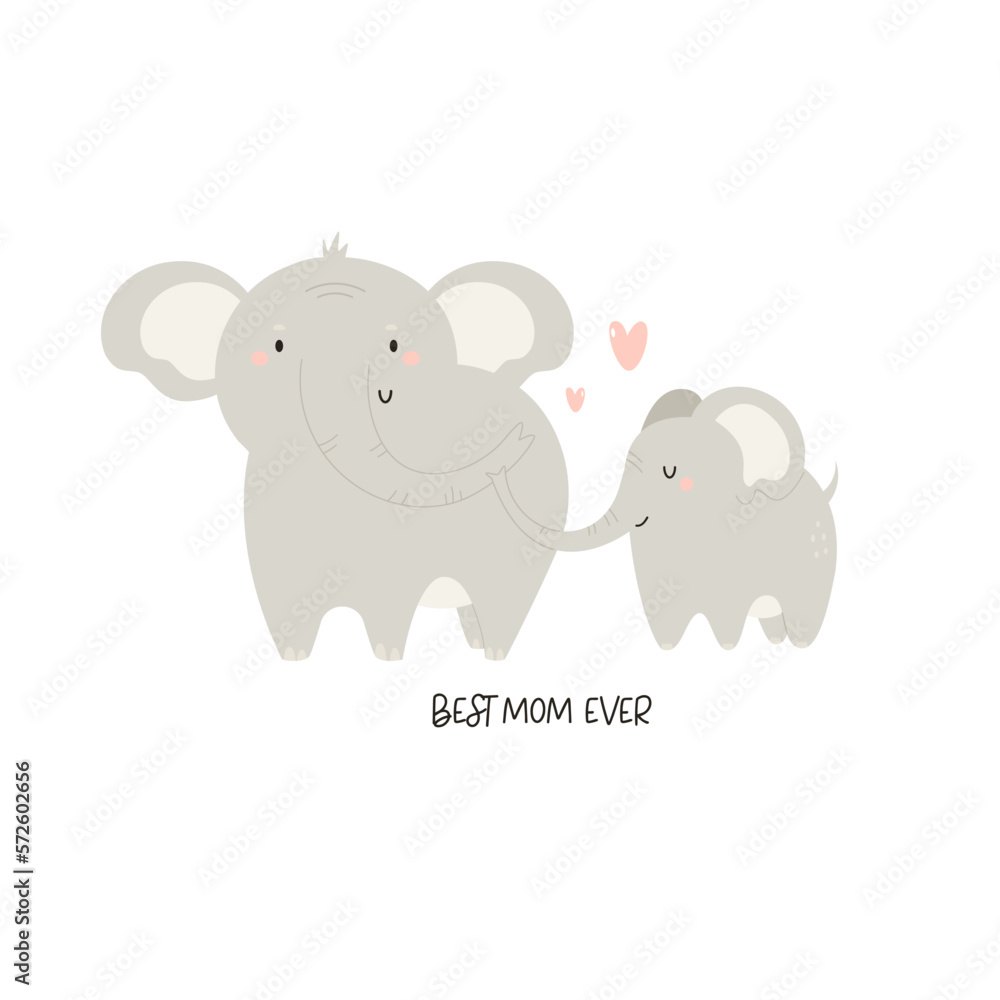 Vector illustration of cute young elephant and his mom. Adorable print with animals for kids in a modern flat style.