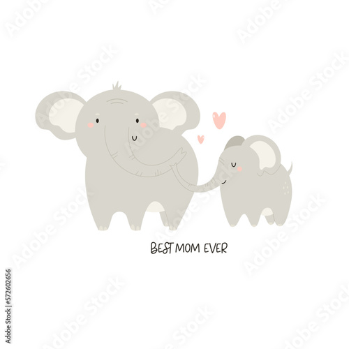 Vector illustration of cute young elephant and his mom. Adorable print with animals for kids in a modern flat style.