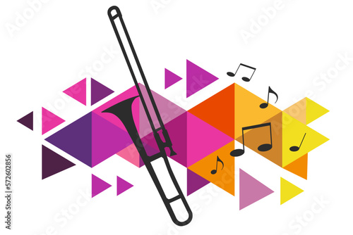 Music graphic with trombone wind instrument.
