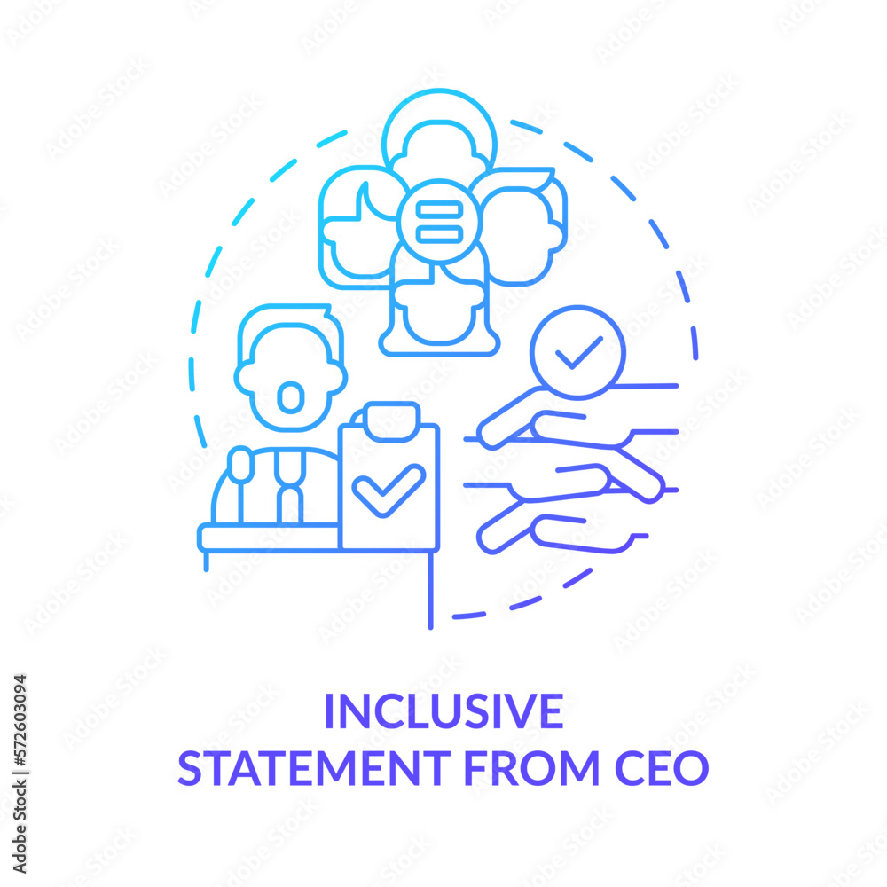 Inclusive statement from CEO blue gradient concept icon. Company culture. DEI initiative for workplace abstract idea thin line illustration. Isolated outline drawing. Myriad Pro-Bold font used Inclusive statement from CEO blue gradient concept icon. Company culture. DEI initiative for workplace abstract idea thin line illustration. Isolated outline drawing. Myriad Pro-Bold font used